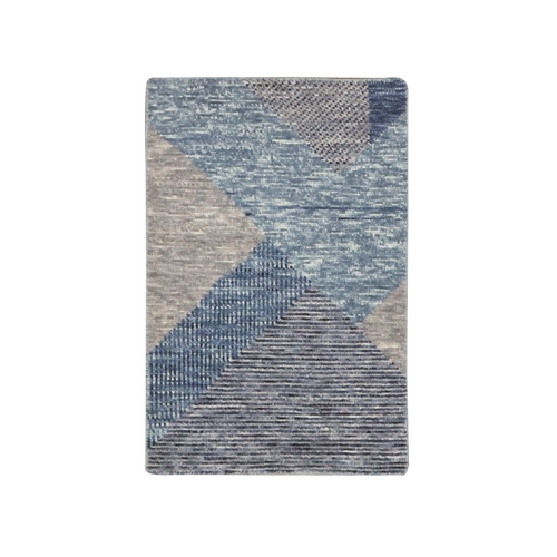 Beau Blue, Hand Knotted Geometric Art Deco Collection, Soft to the Touch Organic Wool, Mat Oriental Rug