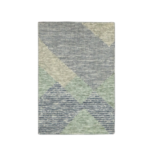 Camouflage Green, Hand Knotted Geometric Art Nouveau Collection, 100% Wool, Mat Oriental Rug