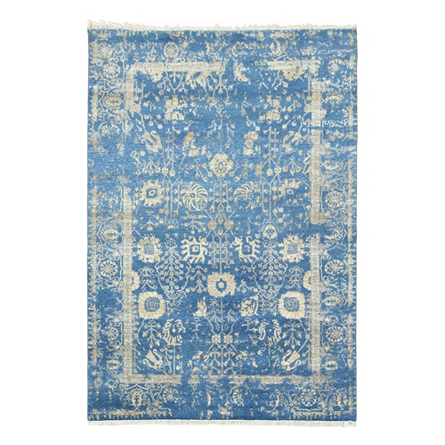 Denim Blue, Broken Erased Persian Tabriz Design, Wool and Silk Hand Knotted, Oriental 