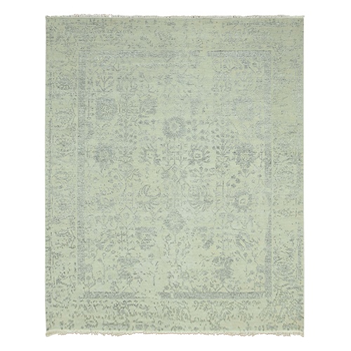Silver Gray, Hand Knotted Broken Erased Persian Tabriz Design, Tone On Tone Wool and Silk, Oriental 