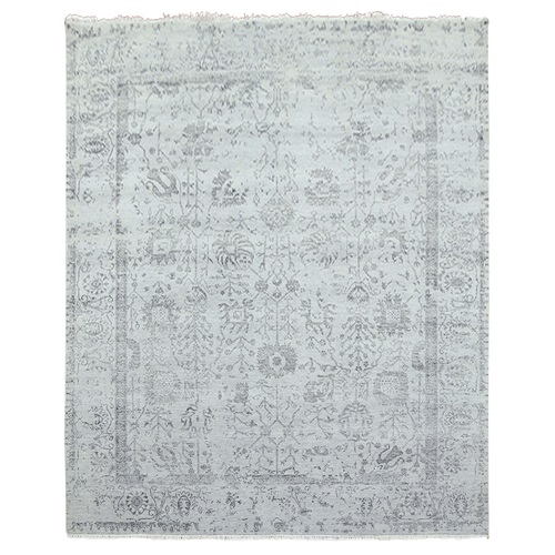 Silver Gray, Wool and Silk Hand Knotted, Broken Erased Persian Tabriz Design, Oriental Rug