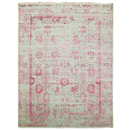 Beige and Pink, Broken Persian Tabriz Erased Design, Wool and Silk Hand Knotted, Oriental Rug