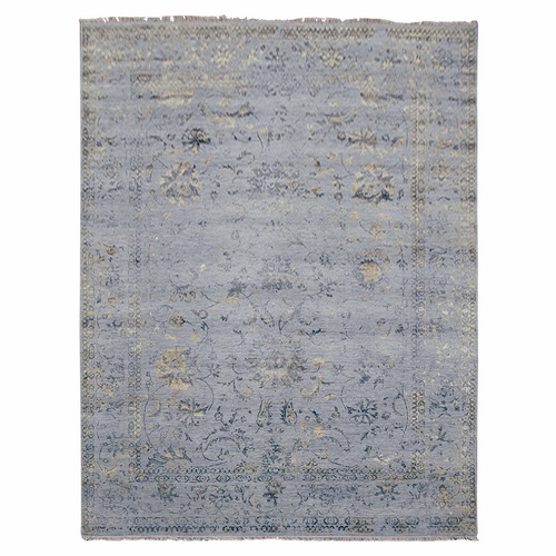 Cloud Gray, Transitional Broken Erased Persian All Over Design with Vines and Scrolls, Wool and Silk Hand Knotted, Oriental Rug