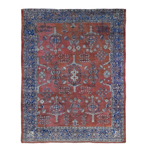 Brick Red, Antique Persian Mahal with Areas of Wear and Restoration, Distressed, Clean, Sides and Ends Professionally Secured, Hand Knotted Pure Wool Oriental Rug