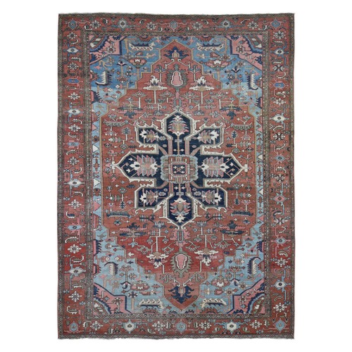 Terracotta Red with Light Blue Corners, Antique Persian Serapi Heriz Abrash Flower Medallion, Clean Good Condition Evenly Worn Hand Knotted Pure Wool Oriental Rug