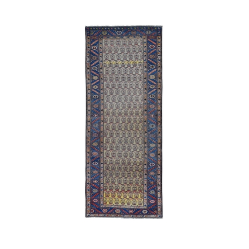 Yellow, Antique Persian Bakshaish Abrash Paisley Design with Serrated Leaf Border, Excellent Condition Pure Wool, Clean Hand Knotted, Wide Runner Oriental Rug