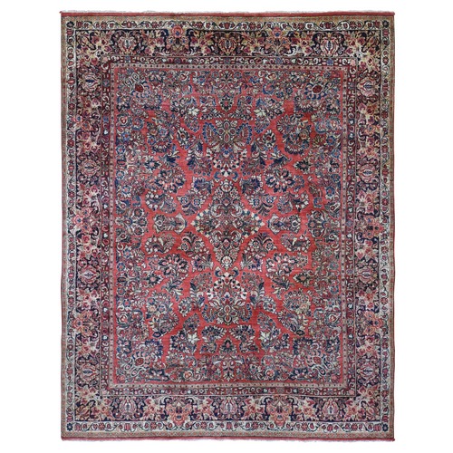 Tomato Red, Antique Persian Sarouk with Flower Bouquet Design, Full Pile, Mint Condition, Soft Wool, Hand Knotted, Clean, Sides and Ends Professionally Secured, Oriental Rug