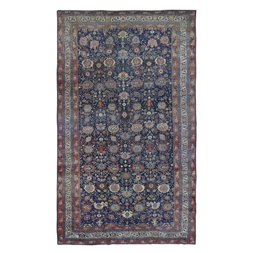 Navy Blue, Antique Persian Bijar, Even Wear, Clean, Sides and Ends Professionally Secured, Pure Wool, Hand Knotted Oversized Oriental Rug
