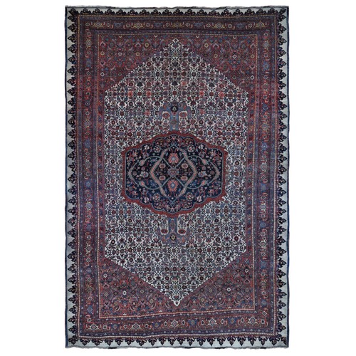 Ivory, Antique Persian Bijar with Anchored Medallion and Mahi Herati Field, Hand Knotted, Evenly Worn, Clean, Sides and Edges Professionally Secured, Pure Wool Oriental Rug