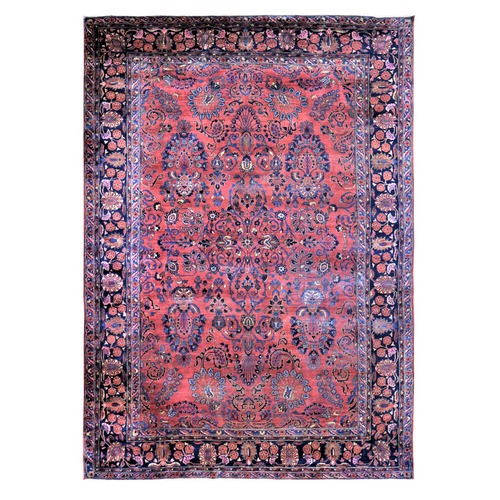 Terracotta Red, Antique Persian Mohajaran Sarouk with Areas of Wear, 100% Wool Hand Knotted, Clean with Sides and Ends Professionally Secured, Oriental Rug