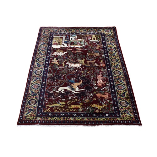 Burgundy Red, Vintage Persian Qom with Hunting Design, 300 KPSI Wool and Silk Hand Knotted, Oriental 