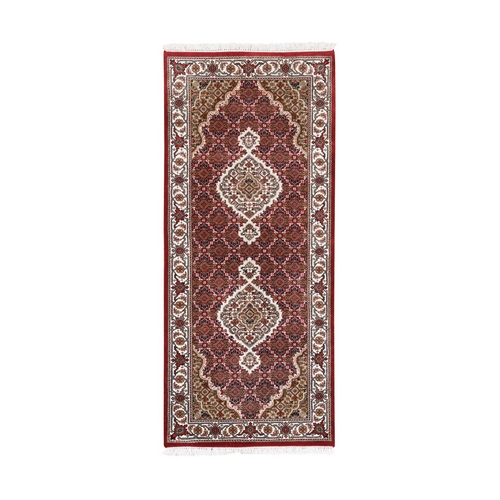 Red Tabriz Mahi with Fish Medallion Design, 175 KPSI, Wool and Silk, Hand Knotted Runner, Oriental Rug