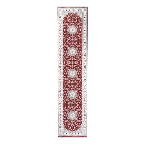 Cherry Red, Nain with Medallion and Flower Design, 250 KPSI, Wool and Silk, Hand Knotted, Runner, Oriental Rug