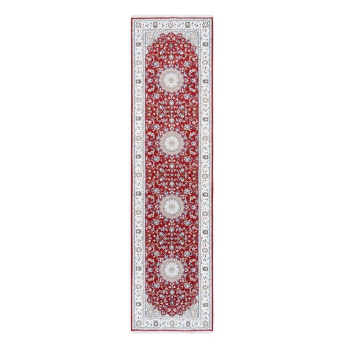 Red, Nain with Tribal Medallions Design, 250 KPSI, Wool And Silk, Hand Knotted, Runner, Oriental Rug