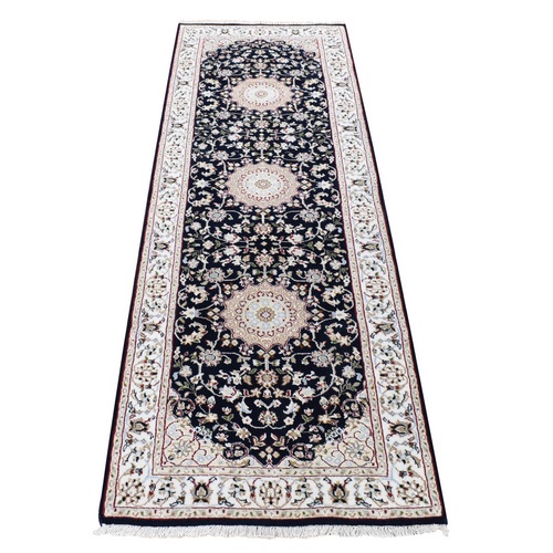 Midnight Blue, Nain with Medallion and Flower Design, 250 KPSI Wool and Silk Hand Knotted, Runner Oriental Rug Midnight Blue, Nain with Medallion and Flower Design, 250 KPSI Wool and Silk Hand Knotted, Runner Oriental Rug