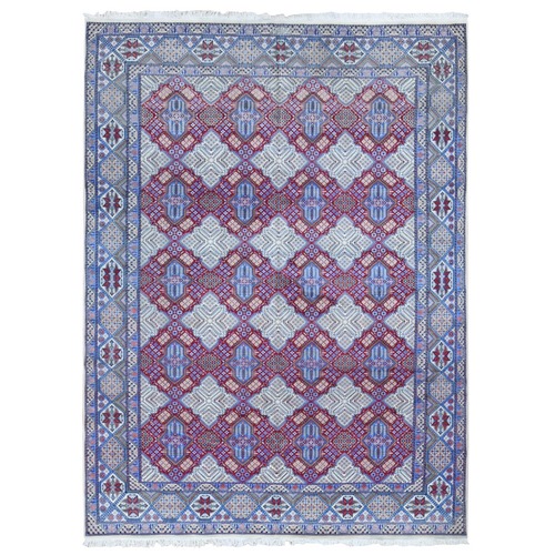 Deep Red, New Persian Nain with Repetitive Geometric Design, Wool and Silk, 300 KPSI, Signed Hand Knotted Oriental Rug