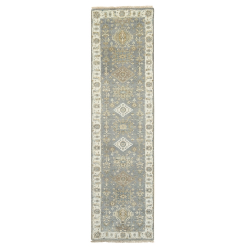 Gray, Karajeh Design with Tribal Medallions, Hand Knotted, Pure Wool, Runner, Oriental Rug