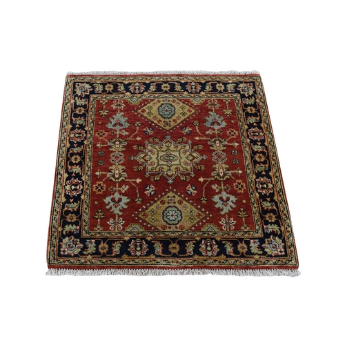 Red and Black, Hand Knotted Karajeh Design with Tribal Medallions, Organic Wool, Square Oriental Rug