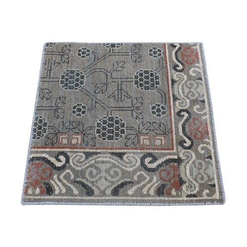 Mocha Brown, Zero Pile, Khotan and Samarkand Design, Sample Fragment, Pure Wool, Hand Knotted Oriental Rug
