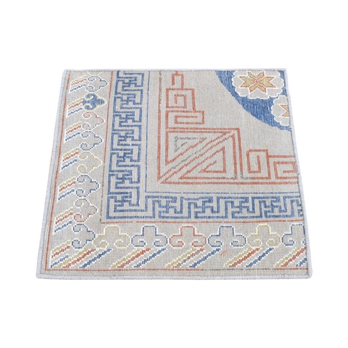 Light Gray, Zero Pile, 100% Wool, Khotan Design, Hand Knotted, Sample Fragment, Oriental Rug