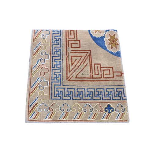 Beige, Zero Pile, Khotan Design, 100% Wool, Hand Knotted, Sample Fragment, Oriental Rug