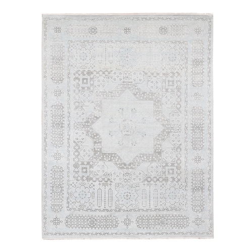 Light Green, Hand-Knotted, Mamluk Design, Pure Silk with Textured Wool, Oriental Rug