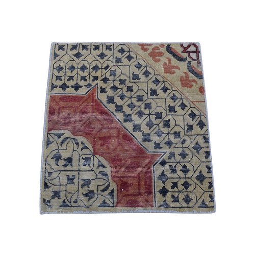 Almond Brown, Hand Knotted Mamluk Zero Pile, Distressed and Worn Down Pure Wool, Sample Fragment Mat Oriental Rug