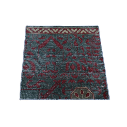 Olive Green, Mamluk Zero Pile Hand Knotted, Pure Wool Distressed and Worn Down, Sample Fragment Mat Square Oriental Rug