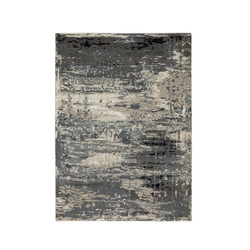 Gray and Ivory, Hand Knotted, Abstract Design, Wool and Silk, Oriental Rug