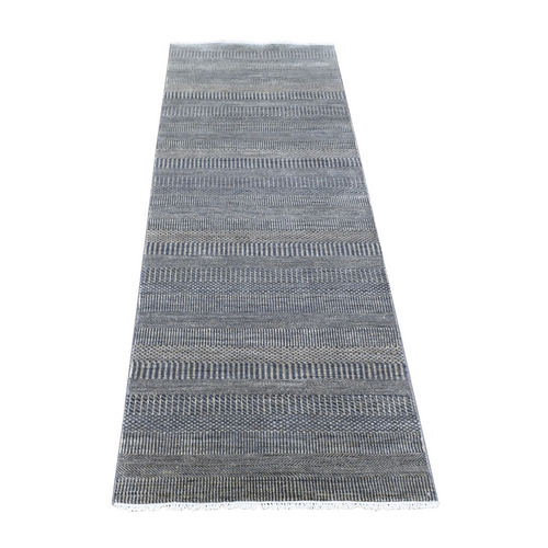 Charcoal Black with Toppings of Gold, Hand Knotted Wool and Silk, Modern Grass Design Gabbeh Densely Woven, Runner Oriental Rug