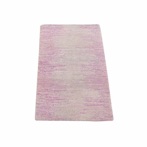 Pink with Touches of Ivory, Thick and Plush, Pure Wool Only, Horizontal Ombre Design, Hand Knotted Oriental Rug Pink with Touches of Ivory, Thick and Plush, Pure Wool Only, Horizontal Ombre Design, Hand Knotted Oriental Rug