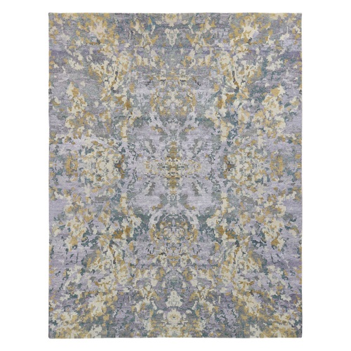 Light Purple with Touches of Gold Color, Modern Transitional Design, Wool and Silk, Hand Knotted Oriental 