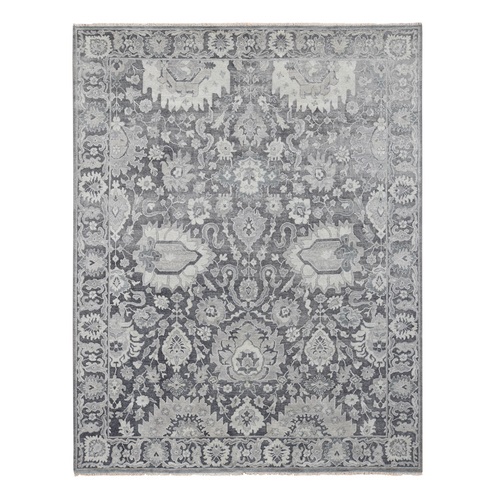 Charcoal Gray, Silk with Textured Wool, Hand Knotted, Oushak Influence, Oriental Rug