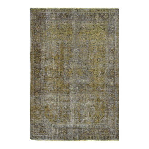 Gold Overdyed, Vintage Persian Tabriz, Distressed, Hand Knotted, Pure Wool, Worn Down, Oriental Rug