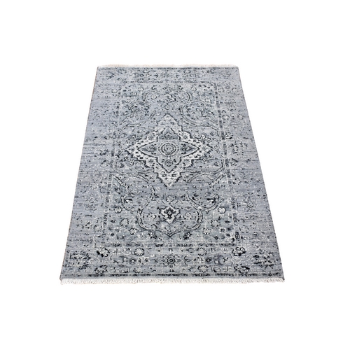Gray, Broken Persian Erased Medallion Design, Silk With Textured Wool Tone on Tone Hand Knotted, Oriental Rug
