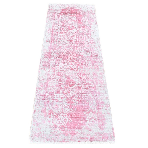 Hot Pink, Broken Persian Design Tone on Tone, Wool and Pure Silk Hand Knotted, Runner Oriental Rug