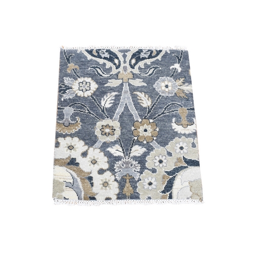 Gray, 100% Wool, Flower Blossom Design, Hand Knotted, Sample Fragment, Squarish Oriental Rug