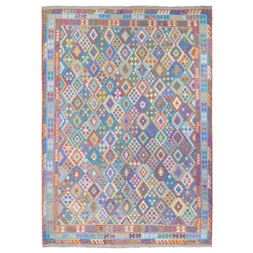 Sunrise Colors, Afghan Kilim with Geometric Design, Flat Weave Vegetable Dyes Multicolored Pure Wool Hand Woven, Oversized Oriental 