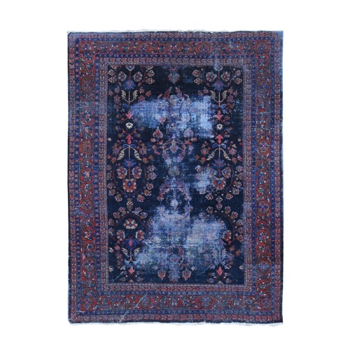Midnight Blue, Antique Persian Mahal With Extensive Wear, Distressed Pure Wool Hand Knotted, Oriental Rug