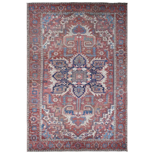 Blush Red, Antique Persian Serapi Heriz with Helicopter Design, Even Wear, Clean, Sides and Ends Professionally Secured, Hand Knotted, Pure Wool, Oversized Oriental 