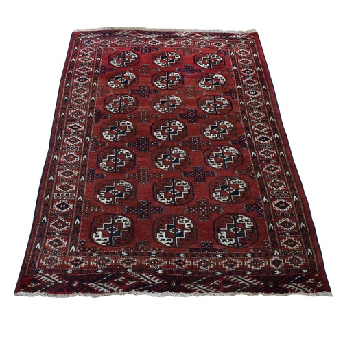Barn Red, Old Tekke Bokara with Elephant Feet Design, Hand Knotted, Soft Wool Full Pile, Clean, Sides and Edges Professionally Secured, Oriental Rug