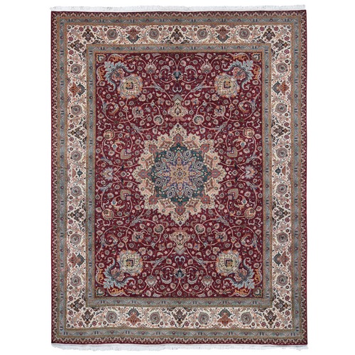Rumba Red with 27 Different Color Shades, Persian Tabriz, Leaf Scroll Design, 400 Kpsi, Wool and Silk, Hand Knotted Oriental Rug