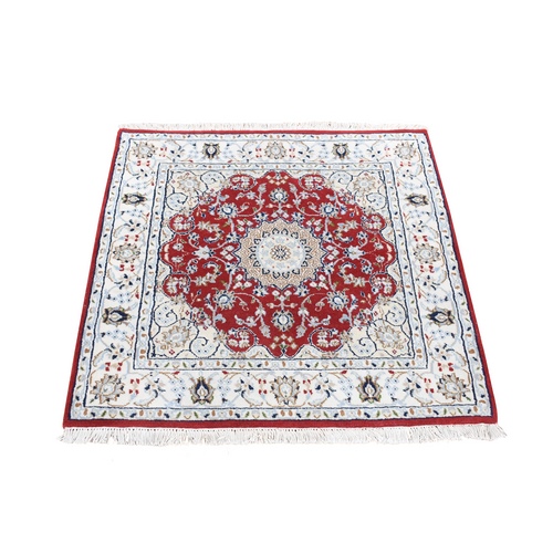 Cherry Red, Nain with Center Medallion Flower Design 250 KPSI, Wool Hand Knotted, Square Oriental 