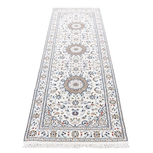 Ivory, Nain with Center Medallion Flower Design, 250 KPSI, Organic Wool, Hand Knotted, Runner Oriental Rug