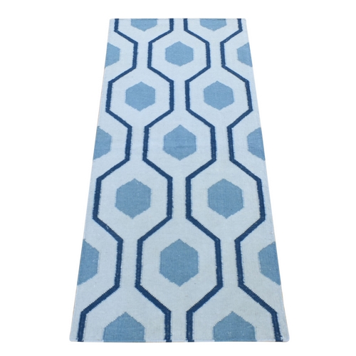Beau Blue, Kilim Geometric Design Flat Weave, Pure Wool Hand Woven, Reversible Runner Oriental Rug