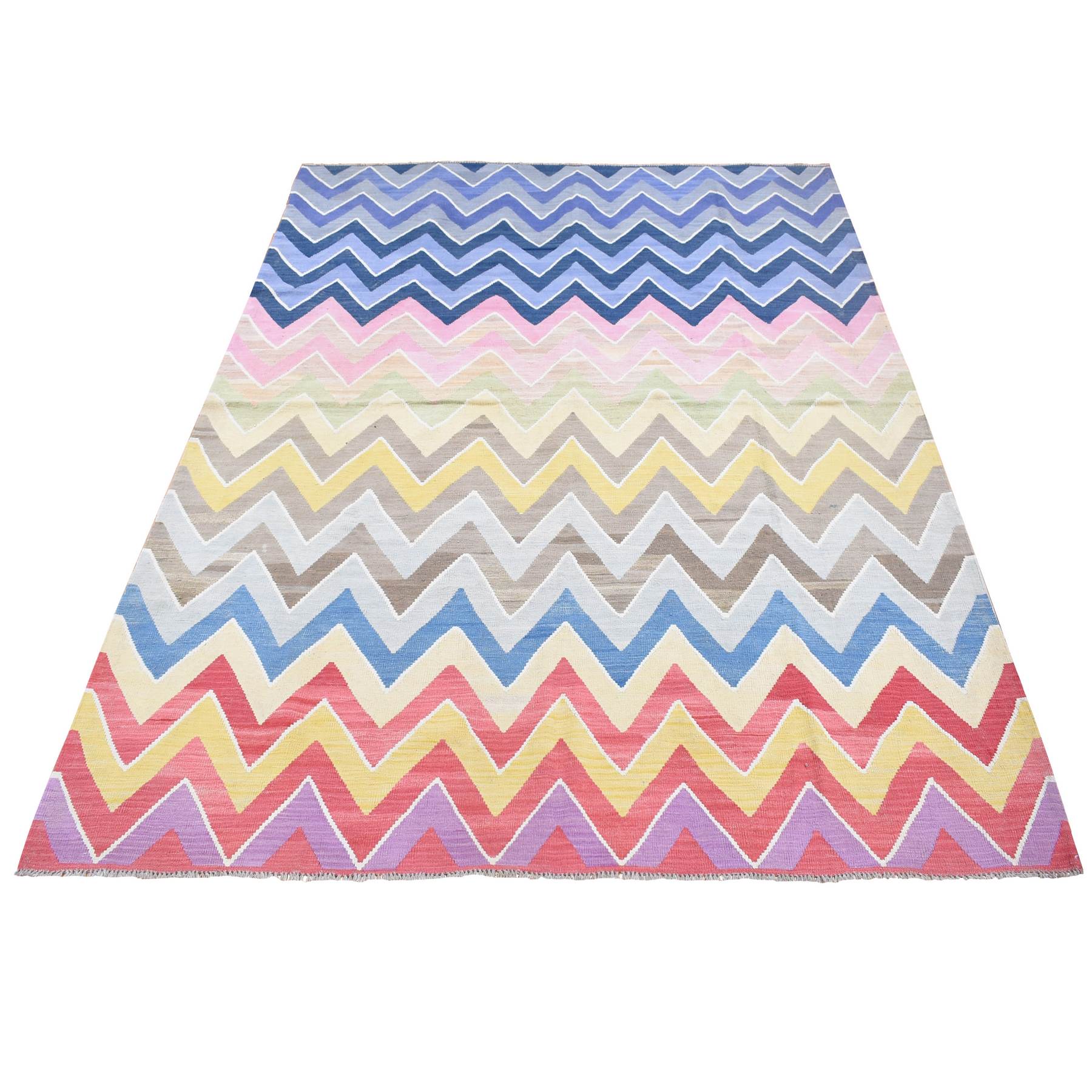 Colorful, Extra Soft Wool Hand Woven, Afghan Kilim with Chevron Design Flat Weave, Vegetable Dyes, Reversible Oriental 