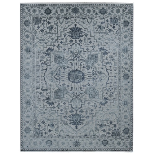 Ash Grey, Heriz Design with All Over Pattern Vegetable Dyes, Wool And Silk Hand Knotted, Oriental Rug