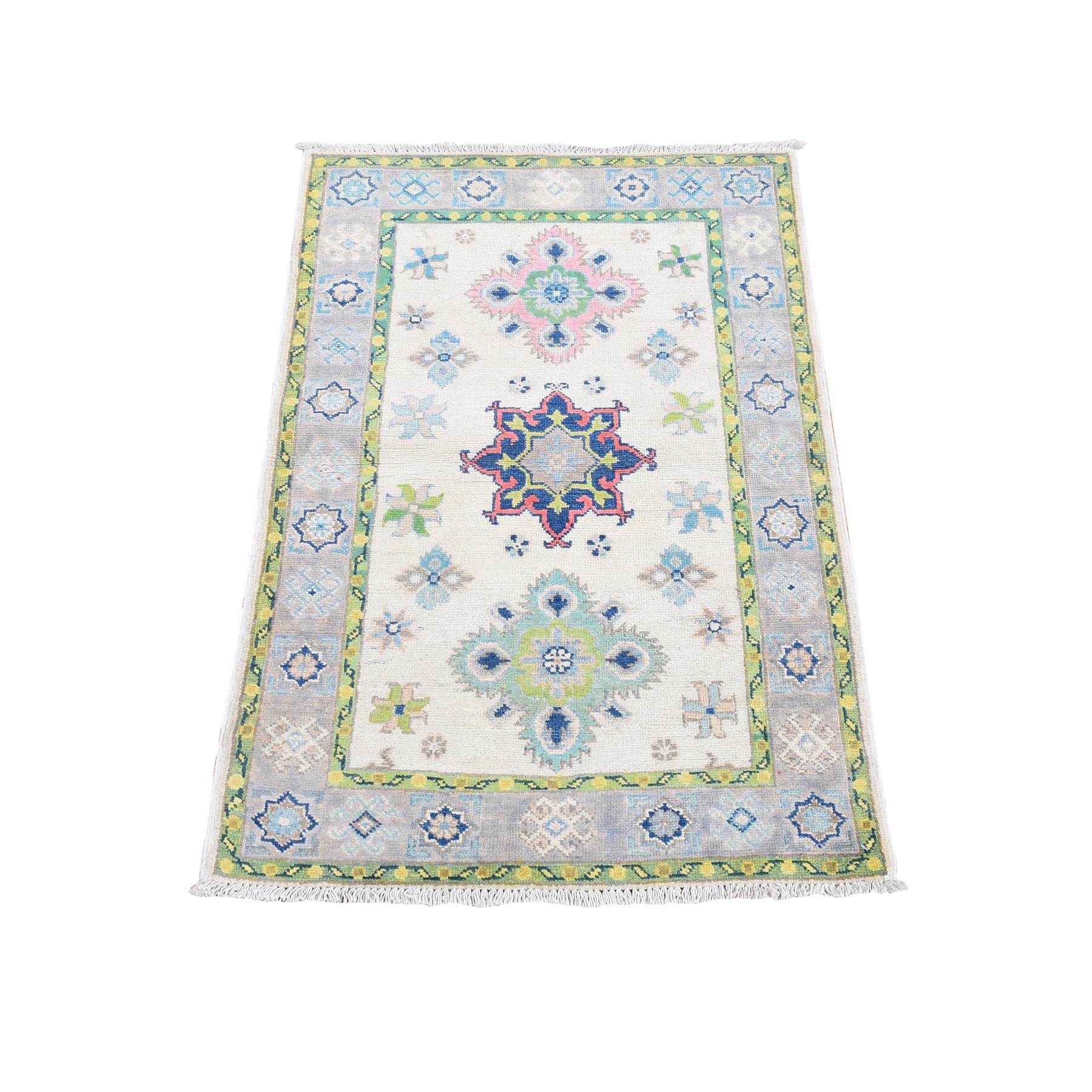 Ivory, Fusion Kazak with Colorful Floral Pattern, Pure Wool Hand Knotted, Oriental Rug