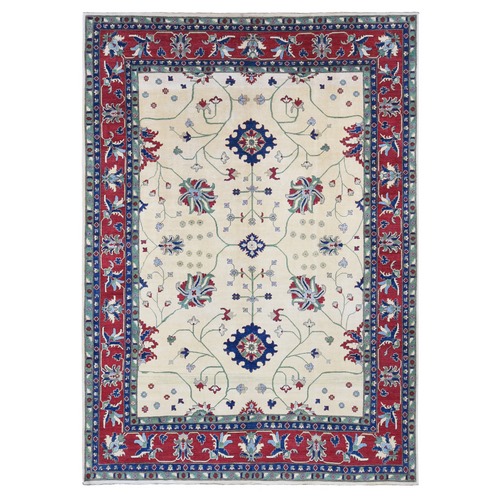 Cream Color, Hand Knotted Kazak with All Over Leaf and Vines Pattern, Pure Wool Oriental Rug