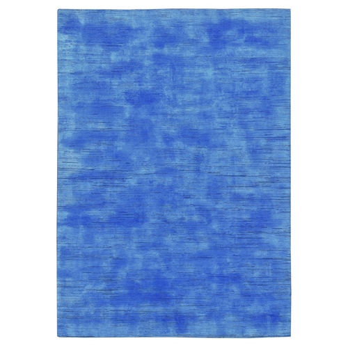 Azure Blue, Textured Wool Hand Knotted, Overdyed Contemporary Stipes Design, Oriental 